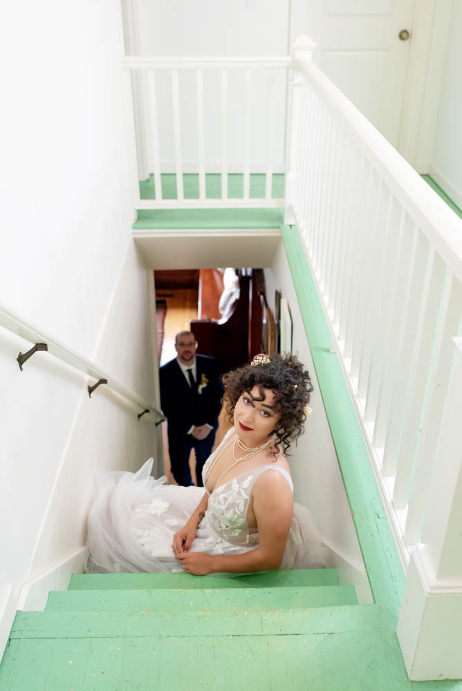 Cristina and Robert bride on stairs